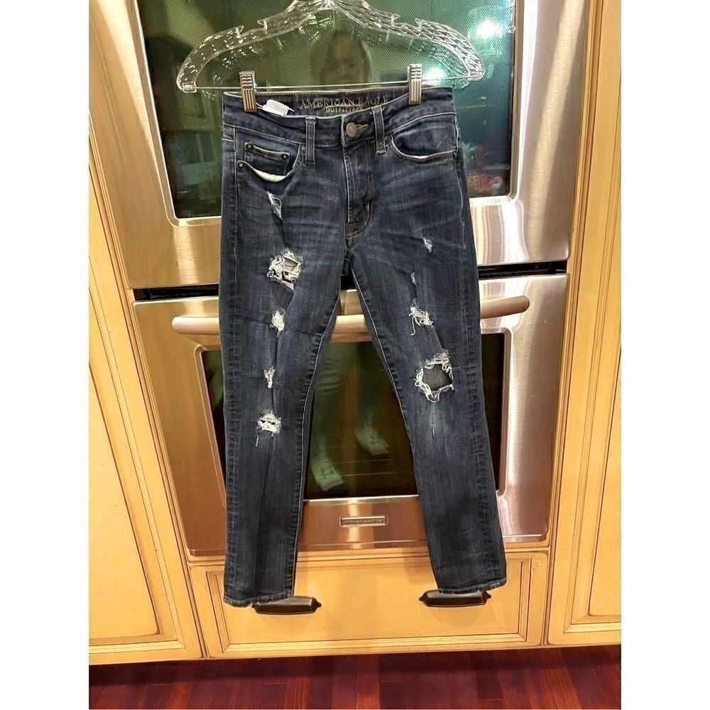 American Eagle distressed denim jeans, slim-fit, dark wash, size 26x28